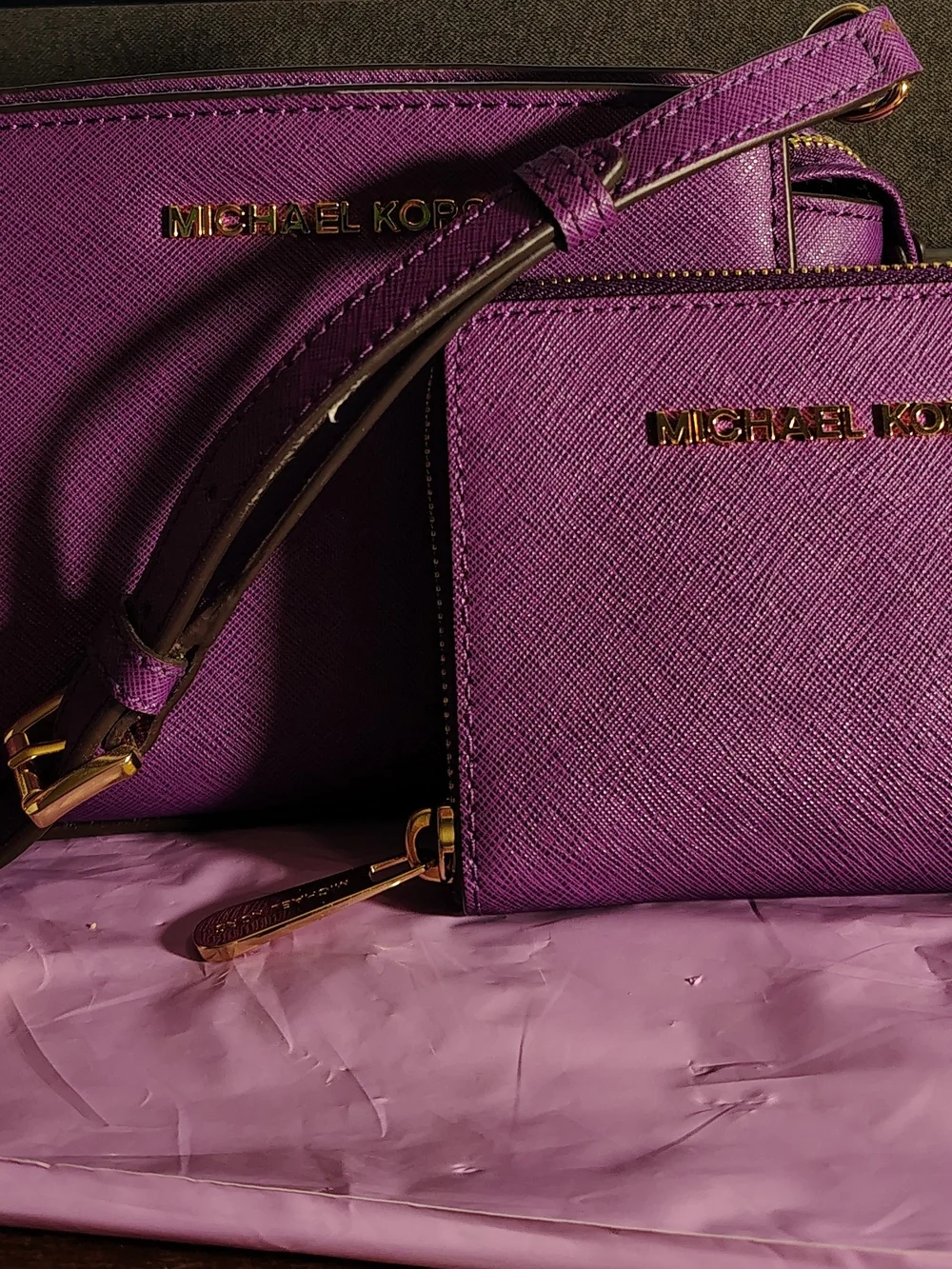 Sold Elsewhere--Michael Kors Purple Saffiano Leather Crossbody Matching Wallet